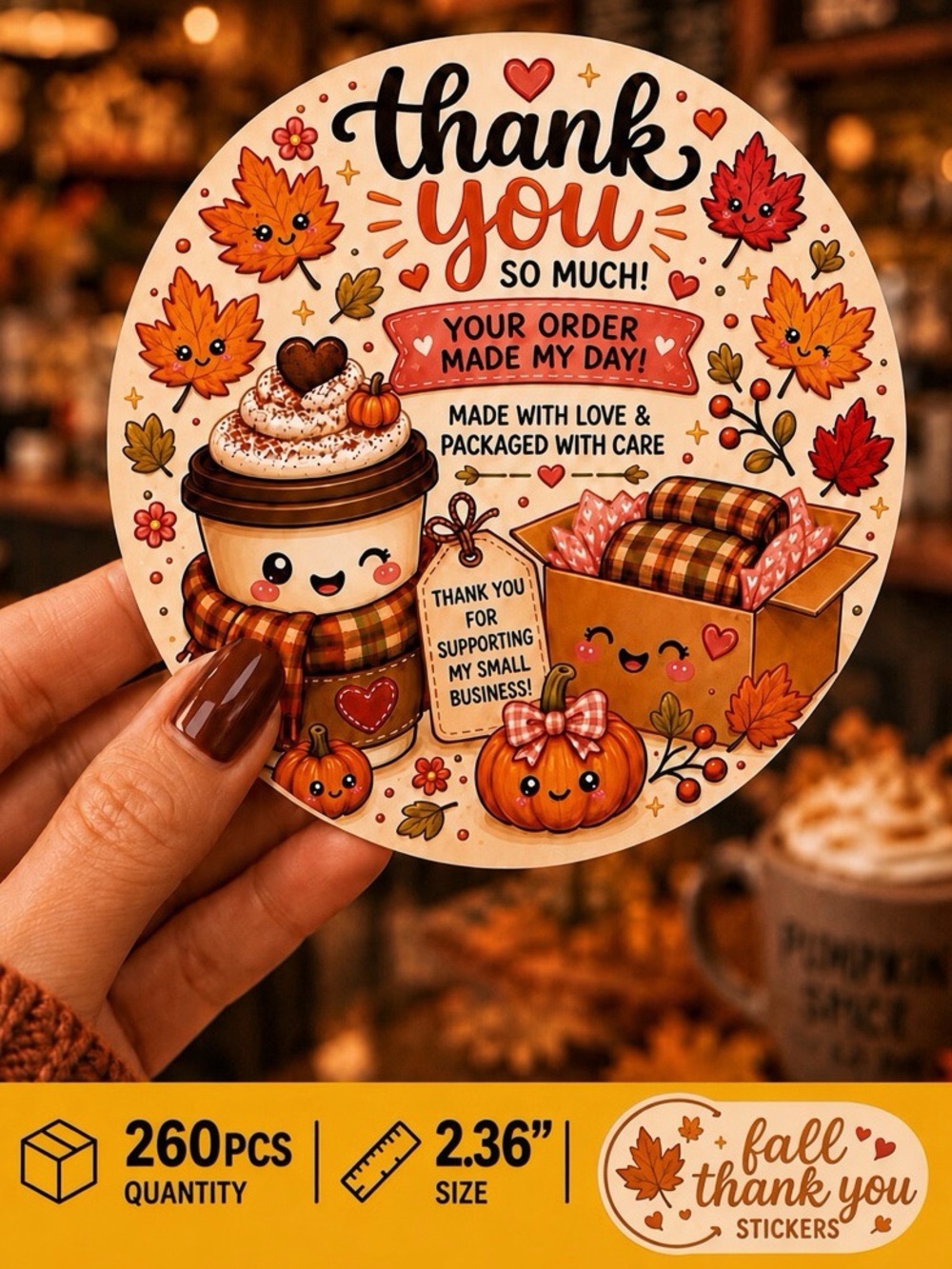 260PC Cute Fall XL Thank You Stickers - 2.36”- Autumn Orange Design